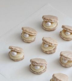 several cookies with white frosting and macaroni shells on a sheet of paper