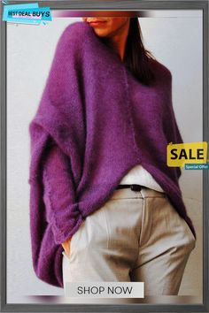 Casual V Neck Long Sleeve Solid Sweater Winter Crew Neck Purple Outerwear, Pullovers For Women, Solid Sweaters, Purple Gray, Unique Designers, Online Shopping, Shop Now, V Neck, For Women