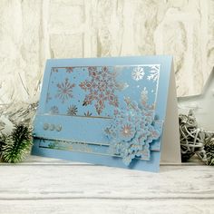 a card with snowflakes on it sitting next to pine cones and other decorations