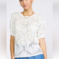 New Without Tags. White Lacy And Embroidered Short Sleeved Top With Soft Tee Shirt Underlining. Size 4. 56% Cotton, 44% Polyester. Earthy Chic, White Crochet Top, Flower Sweater, White Crochet, Chic Boutique, Lace Overlay, Crochet Sweater, Neck Designs, Quality Clothing