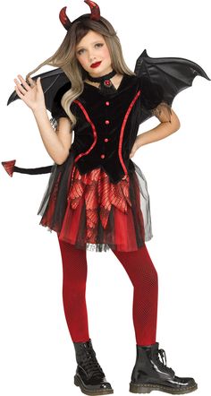 Devil CHILD Girls Costume NEW Red Black Dress Tail Horns Wings Size Small 4-6 Devil CHILD Girls Costume NEW Red Black Dress Tail Horns Wings Size Small 4-6 Up for sale is the child costume Devil. The costume is available in the following sizes when in stock: a USA Size Small (4-6), a USA Size Medium (8-10), and a USA Size Large (12-14) . The costume includes the dress, jabot, tail, horn headband, and leather look wings. Boots and tights are NOT included. A fiery femme that sparkles! Red shimmery accents on horns, tail and dress, mesh and lace skirt accents and leather-look wings with wire edge to shape! It is new in the package. Click to edit text Devil Costume, Horn Headband, Tail Dress, Red Black Dress, Costume Noir, Black Costume, Red Devil, Theatre Costumes, Halloween Costume Accessories