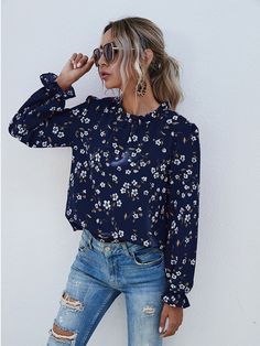 Navy Blue Boho Collar Long Sleeve Polyester Floral,All Over Print Top Embellished Non-Stretch Spring/Fall Women Tops, Blouses & Tee Floral Print Shirt, Women Blouses, Flounce Sleeve, Floral Print Blouses, Puff Sleeve Top, Inspiration Mode, Chiffon Blouse, Print Blouse, Trendy Fashion Women