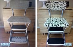 the before and after pictures show how to reupholate an old metal chair