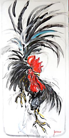 a painting of a rooster with black and red feathers on it's back legs