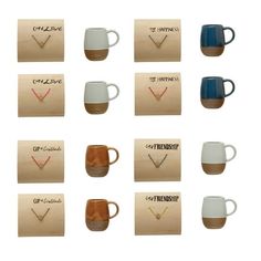 coffee mugs with their names on them are shown in different colors and shapes, along with price tags