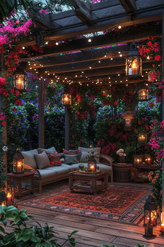 Charming patio with cozy lighting and lush flowers, highlighting innovative Lighting Patio Ideas Sims Rooftop, Cabin Patio Ideas, Pergola Decorating Ideas, Colourful Gardens, Garden Seating Ideas, Rooftop Decor, Cabin Patio, Outdoor Awnings, Backyard Inspiration