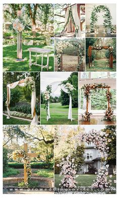 a collage of photos with flowers and greenery on them, including an arch in the