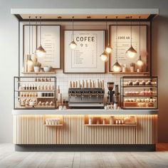 a coffee shop with lots of counter space and lights hanging from the ceiling above it