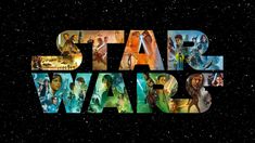 the star wars logo is shown in front of a black background with many different characters