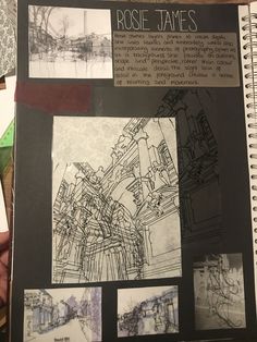 a page in a book with drawings and text about the project, rose james's