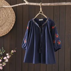 Women's V-Neck Embroidery Floral Mid-Sleeve Pullover Shirt Cotton Blouse Long Sleeve Cotton Blouse With Embroidered Hem, Cotton Blouse With Embroidered Hem And Long Sleeves, Casual Blouse With Floral Embroidery And Half Sleeves, Cotton Half Sleeve Blouse For Fall, Half Sleeve Cotton Blouse For Fall, Fall Cotton Blouse With Half Sleeves, Spring Floral Embroidered Half Sleeve Top, Spring Long Sleeve Tops With Embroidered Neckline, Cotton Long Sleeve Blouse With Floral Embroidery