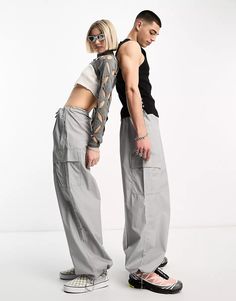 Weekday Unisex parachute baggy pants in gray exclusive to ASOS | ASOS Gray Baggy Pants, People Poses, Baggy Trousers, Baggy Pants, Baggy Pant, Maxi Dress Trend, Curves Workout, Skirted Swimwear, Plus Size Pregnancy