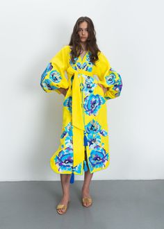 Luxurious Yellow/Blue Extasy Women's Midi Caftan Yuliya Magdych Traditional Yellow Kaftan With Floral Print, Spring Folk Style Kaftan With Geometric Embroidery, Traditional Floral Print Kaftan For Spring, Traditional Floral Print Spring Kaftan, Traditional Spring Floral Print Kaftan, Yellow Embroidered Summer Kaftan, Traditional Yellow Kaftan With Floral Embroidery, Traditional Spring Floral Kaftan, Spring Folk Kaftan With Multicolor Embroidery