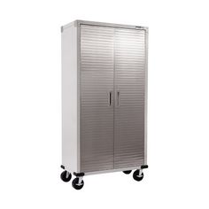 a large metal cabinet with wheels on it