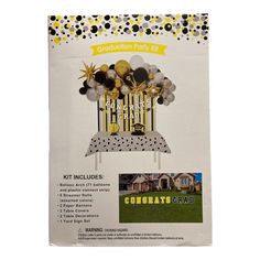 congratulations party kit with black and gold decorations