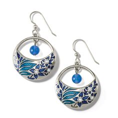 Hand-enameled leaves and flowers are created by a cloisonné-like technique developed in Italy in the 13th century. A semi-precious blue agate bead adds a delicate accent to this ageless design. Blue Enamel Dangle Jewelry, Enamel Ear Wire Jewelry, Traditional Blue Flower Jewelry, Hand Painted Turquoise Elegant Jewelry, Elegant Hand Painted Turquoise Jewelry, Elegant Enamel Inlay Jewelry, Elegant Turquoise Hand Painted Jewelry, Elegant Enamel Jewelry With Inlay, Brighton Earrings