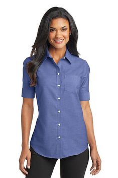 Port Authority ® Ladies Short Sleeve SuperPro ™ Oxford Shirt. L659 - NAVY - M | Port Authority Women's Short Sleeve SuperPro Oxford Shirt in Navy Blue Size Medium | Cotton/Polyester Blend Shirt Design For Women, Top Uniform, Pea Coats Women, Hooded Flannel, Oxford Blue, Women's Button Down Shirt, Short Sleeve Dress Shirt, Port Authority, Twill Shirt