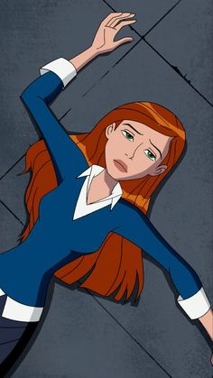 a cartoon girl with red hair and blue shirt is holding her arms out in the air