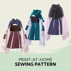 three different types of clothes with the text print - at - home sewing pattern on them