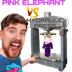 a man pointing at a hydraulic press with an image of a woman in the background