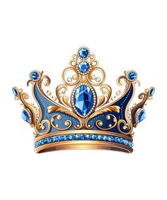 a blue and gold crown with jewels on the sides, sitting in front of a white background