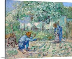 a painting of two people working in the garden