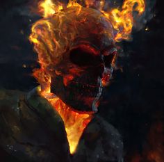 a painting of a man with fire coming out of his face and hair in the shape of a skull