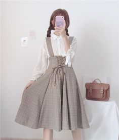 Kawaii Pinafore Skirt, Academia Pinafore Dress, Cleo Pinafore Dress, Light Academia Fashion, Light Academia Outfit, White Lace Shirt, Academia Outfits, Fashion 90s, Cottagecore Fashion