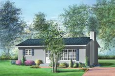 this is an artist's rendering of a small house in the country side yard