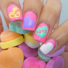 Valentine's Day Inspired Candy Heart Nail Nail Art Valentines Nail Art Designs, Nail Art Halloween, Cute Nail Art Designs, Holiday Nail Art, Nails For Kids