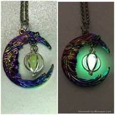 Here is my unique variation of my classic crescent moon glow orb necklace. This version has an aurora borealis finish, comes on hypoallergenic link chain. Moon measures 1.25 inches and the cage locket contains a galaxy glow orb. - Magical and fun to wear! - Handmade in my studio - Includes UV charging light keychain Delicately and professionally handmade by Monique Lula in my smoke free jewelry studio in the USA! The little glowies store that started the whole trend! Fantasy Moon Shaped Jewelry Gift, Mystical Luminous Jewelry For Gifts, Mystical Luminous Jewelry Gift, Fantasy Moonstone Jewelry Gift, Green Luminous Round Jewelry, Iridescent Moon Charm Jewelry, Monique Lula, Orb Necklace, Full Moon Necklace