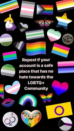 a poster with rainbows and hearts on it, says repost if your account is a safe place that has no hate towards the lgbt community