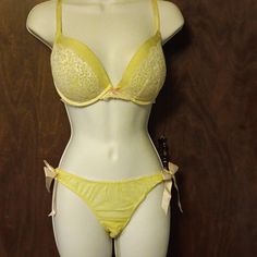 Nwot - Victoria Secrets - Yellow Rhinestone Bra And Panty Set - 36d / L Bra Is A Push Up Padded For Extra Support, Lace And Rhinestones On Bra Only, Adjustable Straps. 36d. Panty Is A Tie Side Bikini, Pink Bows On Side, Yellow Part Is Sheer Back And Front. Large. Mint Condition Brand New Never Worn. Tags Fell Off Or I Removed Them. Found Tons Of Tags In The Storage Bin. Yellow Bra, Rhinestone Bra, Bra And Panty Set, Push Up Pads, Pink Bows, Victoria Secrets, Massage Therapist, Bra And Panty Sets, Storage Bin