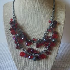 Retro Dark Silver Red Faceted Acrylic 20" Necklace 9216 Dark metal chain links and layered Design Bright red Beads 20 inches long Red Beaded Chain Necklace Gift, Red Beaded Chain Necklace For Gift, Gift Red Beaded Chain Necklace, Red Metal Dangle Necklace, Red Double Strand Beaded Chain Jewelry, Red Adjustable Chain Necklace For Party, Red Multi-strand Beaded Chain Jewelry, Red Multi-strand Beaded Chain Necklaces, Red Multi-strand Beaded Chain Necklace