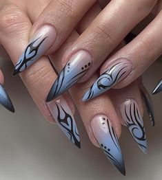 Kitana Inspired Nails, Fire Nail Designs Acrylic, Gojo Inspired Nails, Dabi Nails, Nail Art Designs Dark, Cybersigilism Nails, Black And Blue Nail Ideas, Swirl Nail Ideas, Lunar Nails