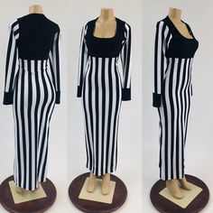 "This item is made to order, please read all the way through the listing before purchasing! Inspired by Tina Carlyle in \"The Mask\". This black and white striped dress has a black bodice and cuffs. Created from four way stretch spandex, it is fitted through the bust, waist and hips, with a long, pencil cut hemline. This dress is unlined, so the white stripes are a bit semi sheer, undergarments should be chosen with care. Womens Sizing (See below for instructions on where measurements should be Tina Carlyle Costume, Fitted Dress With Contrast Stripes For Spring, Chic Fitted Dress With Contrast Stripes, Fitted Spring Dresses With Contrast Stripes, Spring Fitted Dresses With Contrast Stripes, Chic Fitted Dresses With Striped Hem, Black Dresses With Contrast Stripes, Chic Long Sleeve Dresses With Vertical Stripes, Fitted Long Sleeve Dresses With Vertical Stripes