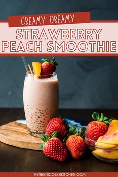 strawberry peach smoothie in a glass with strawberries on the side