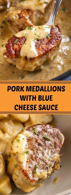 pork medallions with blue cheese sauce in a bowl