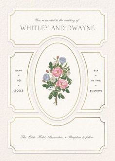 a wedding card with roses on it and the words, whitley and d'wayne