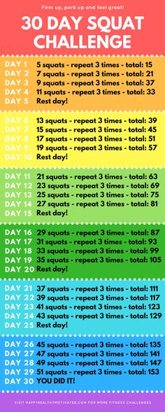 the 30 day squat challenge is shown in rainbows and blue, with numbers on each side