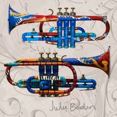 three colorful musical instruments are shown on a white background with swirls and floral designs