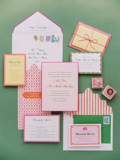 the wedding stationery is neatly organized and ready for guests