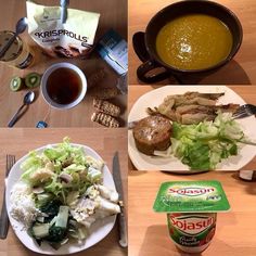 there are four different pictures of food and drinks on the table, including soup, salad, meats, and bread