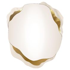 a round mirror with gold trim around the edges on a white wall or ceiling fixture