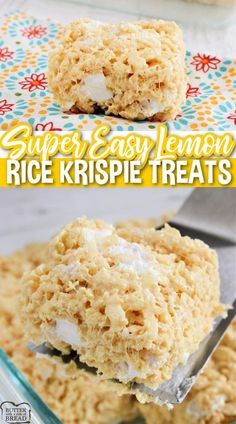 an image of rice krispy treats in a glass dish with the title super easy lemon rice krispie treats