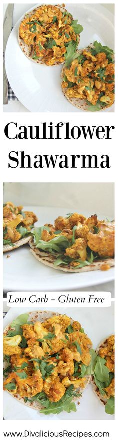 the recipe for cauliflower shawarmna is shown in three different pictures, including one