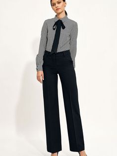 After many seasons of the dominance of slim-fitting pants, models with wide legs, the so-called wide leg, have returned. Pants with loose legs look perfect in a set with a jacket of the same color, creating an elegant total look. The pants have a raised top, so they optically lengthen the silhouette. Spandex 2.1 % Polyester 74.8 % Viscose 23.1 % Size Lenght Hips width Waist width 36 106 cm 95 cm 73 cm 38 106.5 cm 99 cm 77 cm 40 107 cm 103 cm 81 cm 42 107.5 cm 107 cm 85 cm 44 108 cm 111 cm 89 cm Classic Wide-leg Office Pantsuit, Chic Semi-formal Bottoms For Fall, Semi-formal High-waisted Fall Pantsuit, Semi-formal Pantsuit For Fall, Semi-formal Fall Pantsuit With High-waisted Pants, Semi-formal Fall Pantsuit, Fall Semi-formal Pantsuit With Trousers, High-waisted Business Pantsuit For Fall, Chic Pantsuit With Trousers For Business