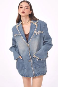 blue distressed denim jacket, jean blazer jacket, fairy grunge outfit ideas, denim jacket outfit boogzel clothing Blazer Suit Women, Denim Jacket Outfit, Autumn Trends, Denim Suit, Cottagecore Outfits, Oversize Casual, Long Sleeve Outerwear, Aesthetic Shirts, Denim Blazer