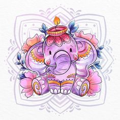 an elephant with a candle on it's head and some flowers around its neck