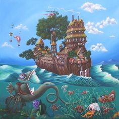 a painting of an ocean scene with a ship in the background and various sea creatures around it